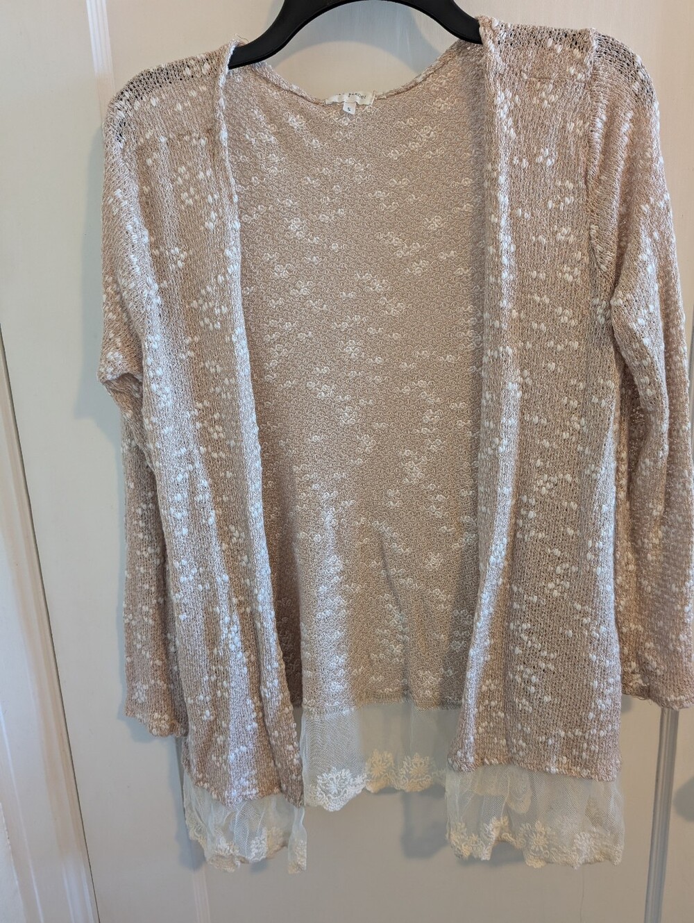 Blu Planet Women's Lightweight Beige Knit Cardigan with Lace Hem